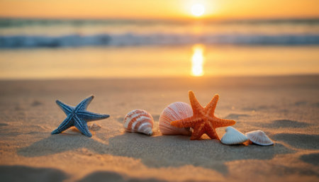 Starfish and seashells on the sandy beach at sunset.の素材