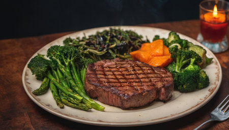 Grilled beef steak with broccoli, asparagus and baked pumpkinの素材