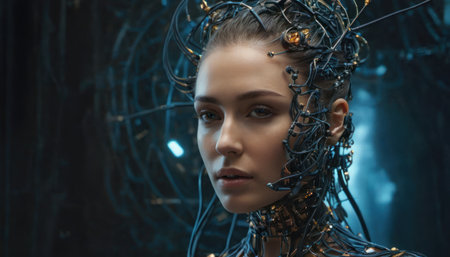 Portrait of a beautiful girl with wires in her hair. Futuristic style.の素材
