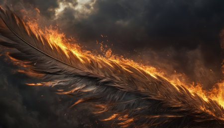 feather on a dark background with fire and smoke, 3d illustrationの素材