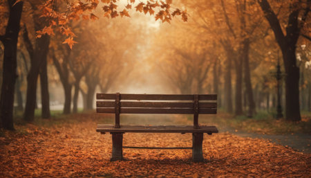 Bench in the autumn park with fallen leaves and foggy background.の素材
