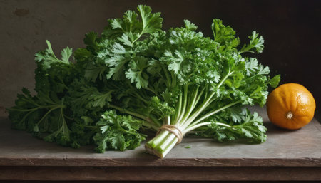 Bunch of fresh green parsley and orange on wooden table.の素材