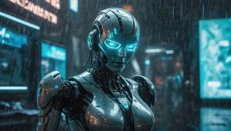 Cyborg in the rain. 3d rendering. Computer digital drawing.の素材