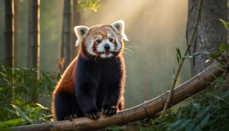Red panda sitting on bamboo branch in the forest at sunset.の素材