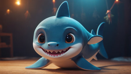 Cute blue shark toy on a wooden table in a dark roomの素材