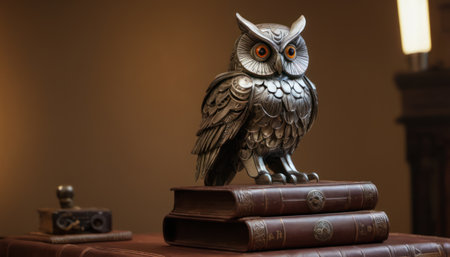 Owl sitting on a stack of old books on a brown backgroundの素材