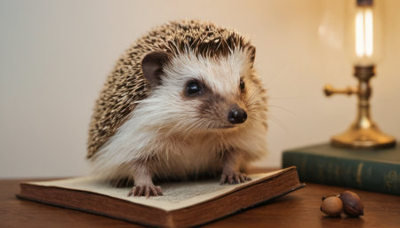 Hedgehog with open book on wooden table. Selective focus.の素材