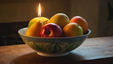 Still life of fruit in a bowl on a wooden table with a lit candleの素材