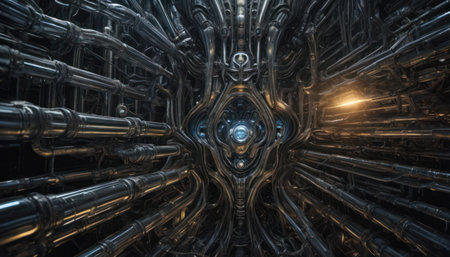 3D rendering of a science fiction spaceship interior with glowing lights.の素材