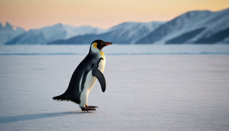 King penguin standing on the ice, Antarctic Peninsula, Antarctica.の素材