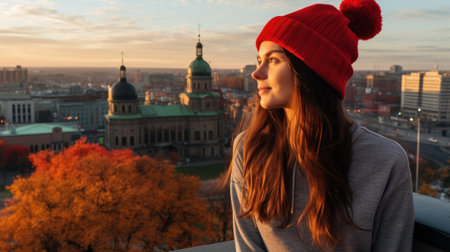 Young woman in red hat and sweater standing on the roof of the city.の素材