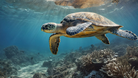 Hawaiian Green Sea Turtle (Chelonia mydas) swimming underwaterの素材