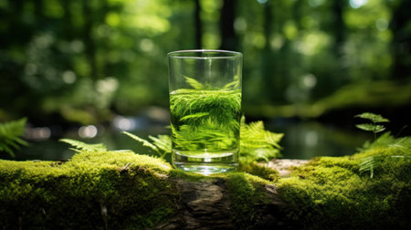 Glass of clean water on green moss in forest. Nature background.の素材