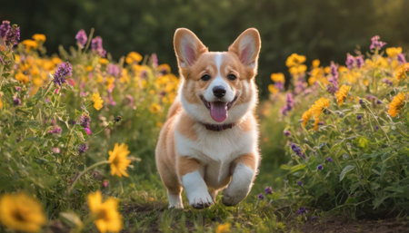 Welsh Corgi Pembroke puppy running in the field of flowersの素材