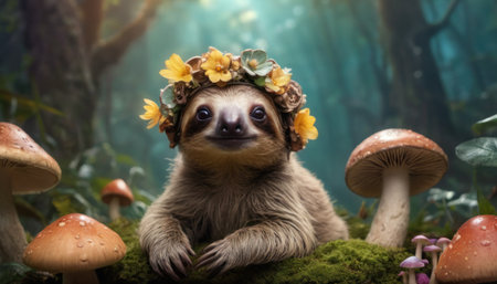 Cute baby sloth in a wreath of flowers and mushroomsの素材