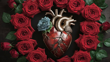 Valentine's day background. Red roses and heart on black backgroundの素材