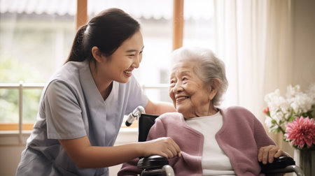 Asian nurse taking care of an elderly woman in the nursing home.の素材