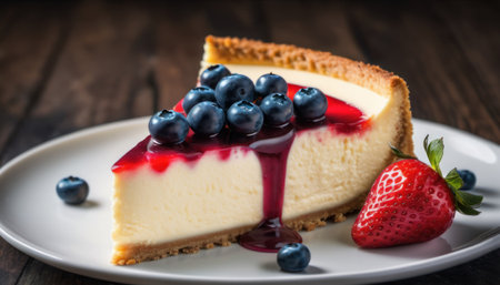 Cheesecake with blueberries and strawberries on a wooden background.の素材