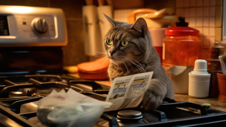 Cute tabby cat reading a newspaper in the kitchen at homeの素材