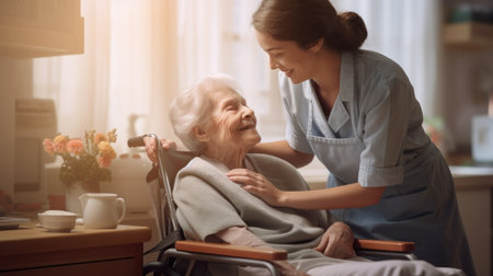 Smiling nurse talking to senior woman in wheelchair at nursing home.の素材