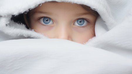 Little girl with blue eyes hiding under a blanket. Close up.の素材