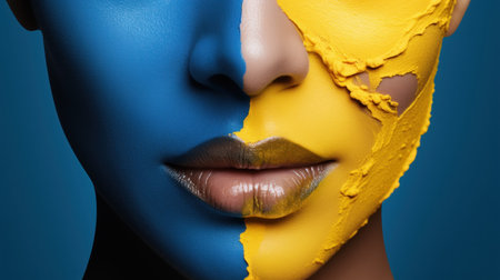 Close-up portrait of a beautiful young woman with blue and yellow paint on her lips and face. Beauty, cosmetics, skincare, facial treatment concept.の素材