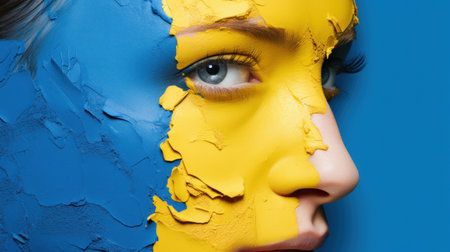 Close-up portrait of a beautiful girl with Ukrainian flag painted on her faceの素材