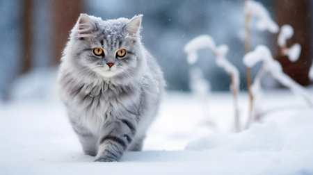 Cute cat on snow in winter forest. Norwegian forest cat.の素材