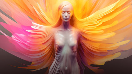 Digital Illustration of a Woman Surrounded by Colorful Abstract Wingsの素材