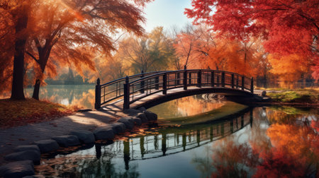 Autumn landscape with a bridge over the lake in the park.の素材