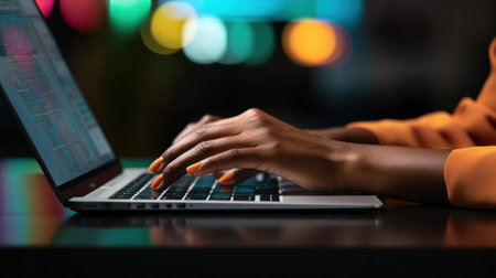 Close up of female hands typing on laptop keyboard. Businesswoman working on computer at night in office.の素材