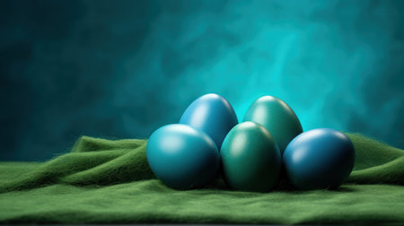 Blue easter eggs on a green cloth with smoke in the backgroundの素材