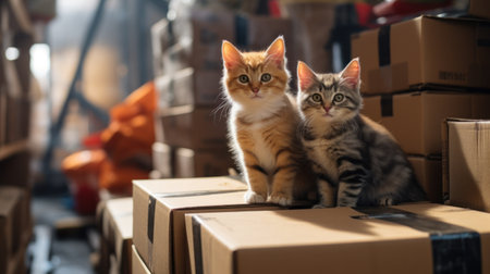 Cute little kittens sitting on cardboard boxes in warehouse. Selective focus.の素材