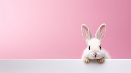 Cute white rabbit on a pink background. Easter holiday concept.の素材