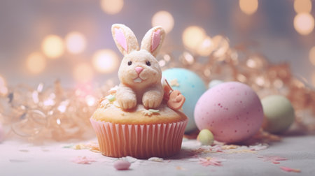 Easter cupcake with bunny and eggs on bokeh backgroundの素材