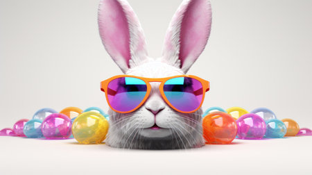 Easter bunny with sunglasses and colorful balloons on white background, closeupの素材