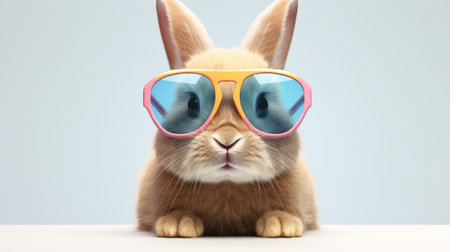 cute easter bunny wearing sunglasses sitting on table with blue backgroundの素材