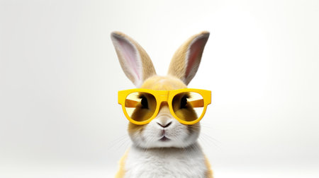 Easter bunny wearing yellow sunglasses on white background with copy space.の素材