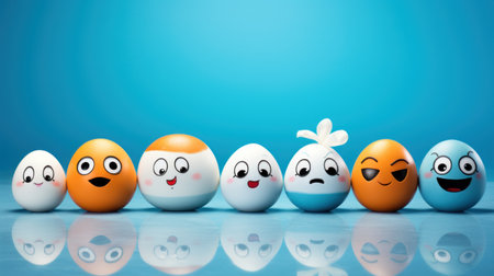 Easter eggs with funny faces on blue background. 3d illustrationの素材