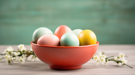 Colorful easter eggs in bowl on wooden table with white flowersの素材