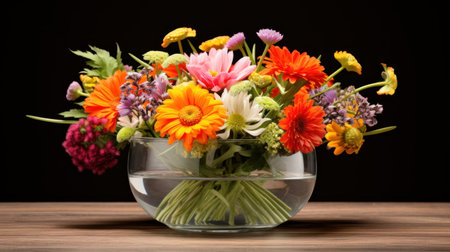 Bouquet of colorful flowers in a glass vase on a wooden tableの素材