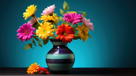 Colorful flowers in vase on wooden table and blue background.の素材