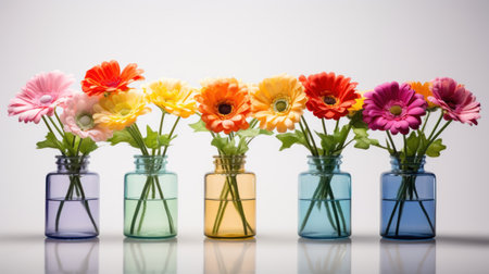 Colorful gerbera flowers in vases on a white backgroundの素材