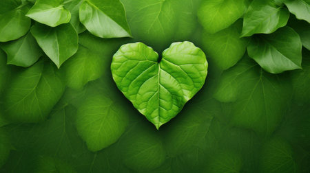 Heart shape made of green leaves on a green background, top viewの素材