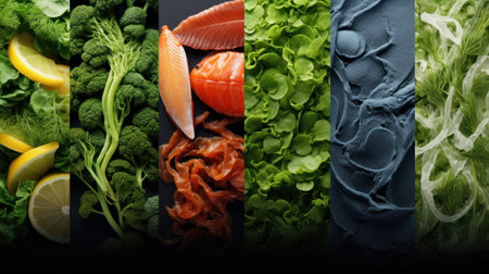 Slices of fresh salmon with vegetables and greens on black backgroundの素材