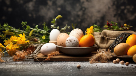 Easter still life with eggs and spring flowers on rustic backgroundの素材
