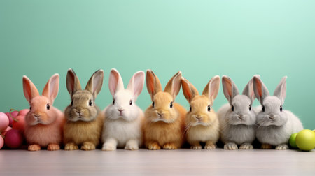 Group of easter bunnies with Easter eggs on green backgroundの素材