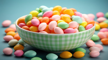 Colorful candies in bowl on blue background. Shallow dof.の素材