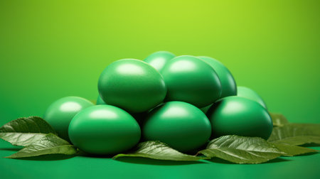 Easter eggs with green leaves on a green background. Copy space.の素材