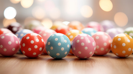 Colorful easter eggs on wooden table with bokeh backgroundの素材